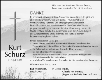 Traueranzeige von Kurt Schurz von Windsheimer Zeitung Lokal