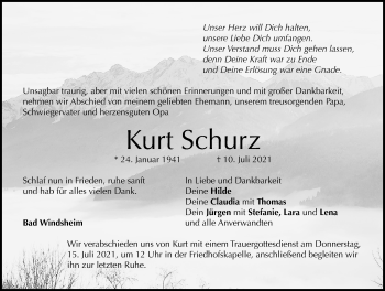 Traueranzeige von Kurt Schurz von Windsheimer Zeitung Lokal