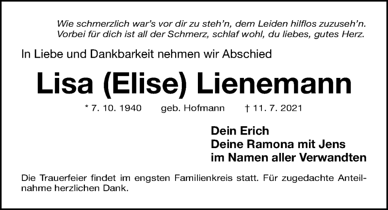  Traueranzeige für Lisa Lienemann vom 17.07.2021 aus Gesamtausgabe Nürnberger Nachrichten/ Nürnberger Ztg.