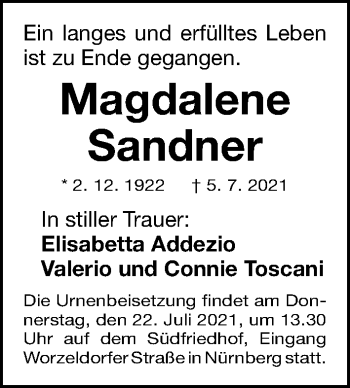 Traueranzeige von Magdalene Sandner von Gesamtausgabe Nürnberger Nachrichten/ Nürnberger Ztg.