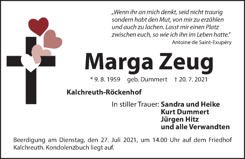  Traueranzeige für Marga Zeug vom 24.07.2021 aus Gesamtausgabe Nürnberger Nachrichten/ Nürnberger Ztg.