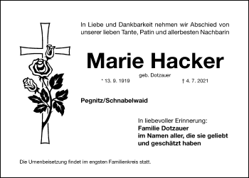 Traueranzeige von Marie Hacker von Nordbayerische Nachrichten Pegnitz Lokal