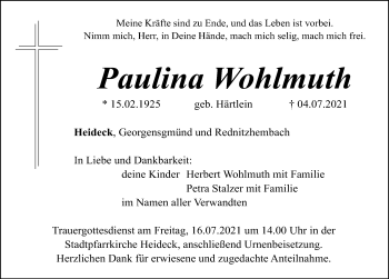 Traueranzeige von Paulina Wohlmuth von Roth-Hilpoltsteiner Volkszeitung Lokal