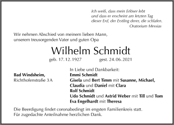 Traueranzeige von Wilhelm Schmidt von Windsheimer Zeitung Lokal