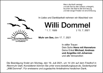Traueranzeige von Willi Dommel von Altmühl-Bote Lokal