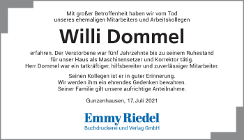 Traueranzeige von Willi Dommel von Altmühl-Bote Lokal