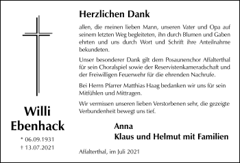 Traueranzeige von Willi Ebenhack von Nordbayerische Nachrichten Forchheim Lokal