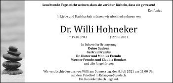 Traueranzeige von Willi Hohneker von Erlanger Nachrichten Lokal
