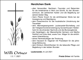 Traueranzeige von Willi Ortner von Altmühl-Bote Lokal