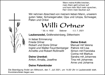 Traueranzeige von Willi Ortner von Altmühl-Bote Lokal