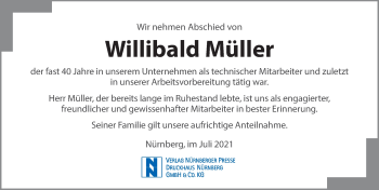 Traueranzeige von Willibald Müller von Gesamtausgabe Nürnberger Nachrichten/ Nürnberger Ztg.