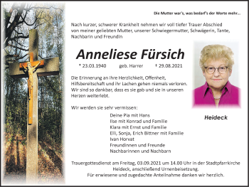 Traueranzeige von Anneliese Fürsich von Roth-Hilpoltsteiner Volkszeitung Lokal