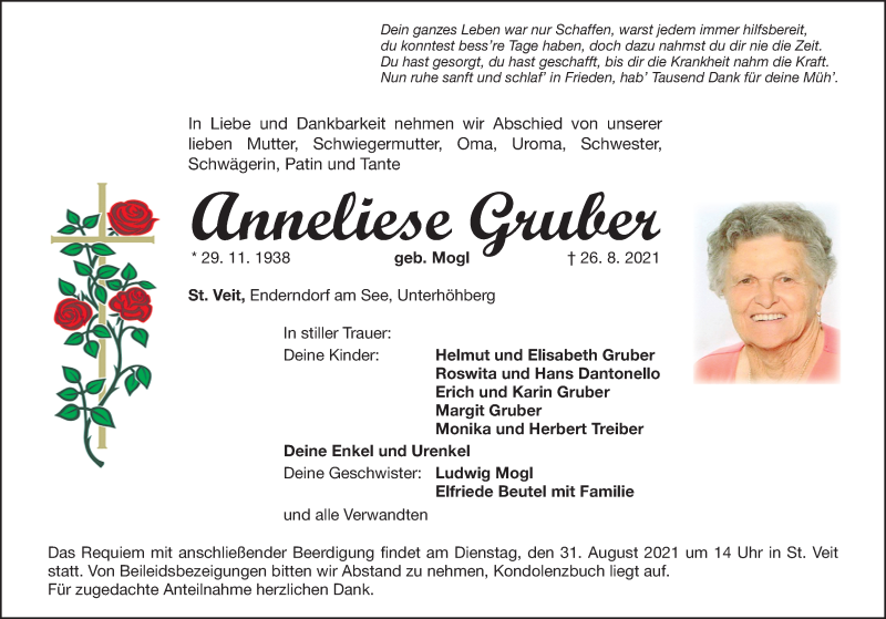 Traueranzeigen von Anneliese Gruber | trauer.nn.de