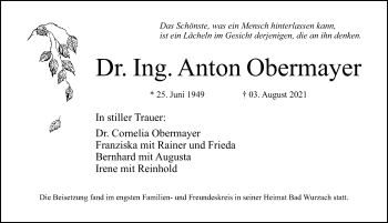 Traueranzeige von Anton Obermayer von Erlanger Nachrichten Lokal