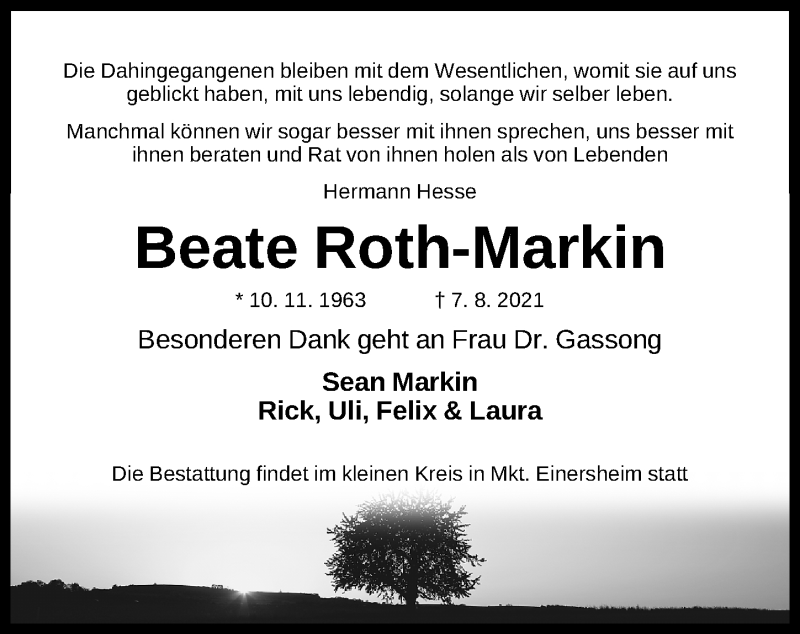  Traueranzeige für Beate Roth-Markin vom 16.08.2021 aus Gesamtausgabe Nürnberger Nachrichten/ Nürnberger Ztg.