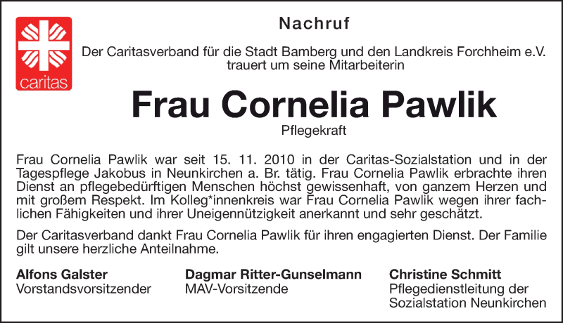  Traueranzeige für Cornelia Pawlik vom 27.08.2021 aus Nordbayerische Nachrichten Forchheim Lokal