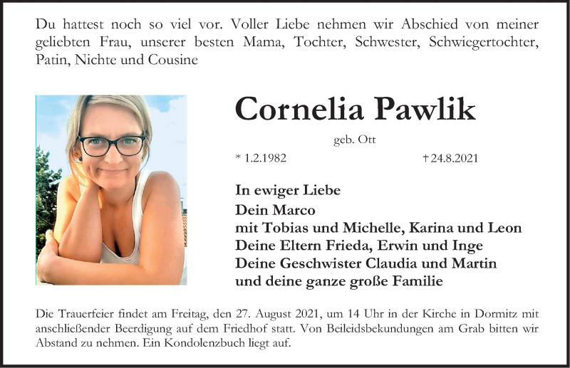  Traueranzeige für Cornelia Pawlik vom 26.08.2021 aus Erlanger Nachrichten Lokal
