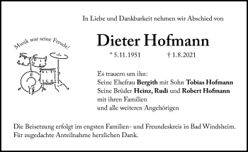 Traueranzeige von Dieter Hofmann von Windsheimer Zeitung Lokal