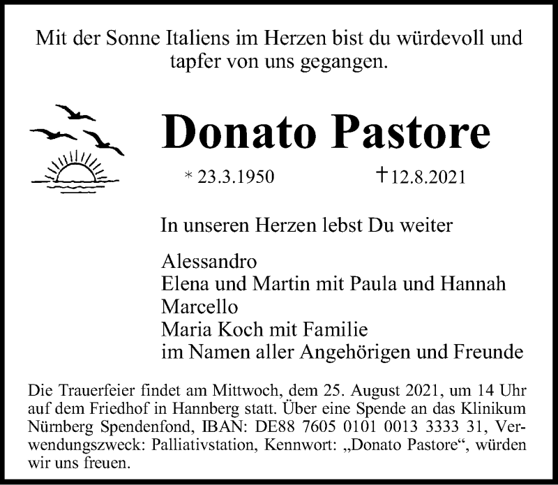  Traueranzeige für Donato Pastore vom 21.08.2021 aus Erlanger Nachrichten/ Nordbayer. Nachrichten Forchheim