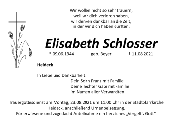 Traueranzeige von Elisabeth Schlosser von Roth-Hilpoltsteiner Volkszeitung Lokal