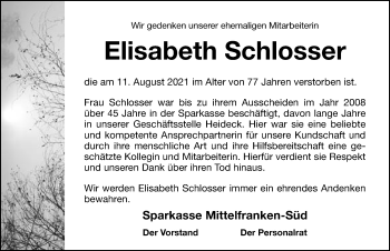 Traueranzeige von Elisabeth Schlosser von Roth-Hilpoltsteiner Volkszeitung Lokal