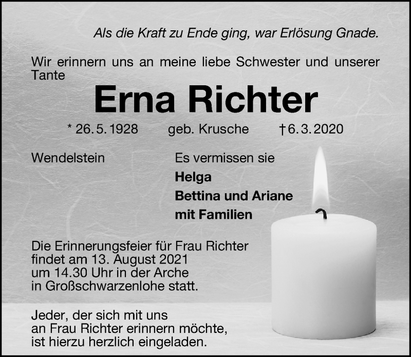  Traueranzeige für Erna Richter vom 06.08.2021 aus Schwabacher Tagblatt Lokal