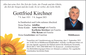 Traueranzeige von Gottfried Kirchner von Neumarkter Nachrichten Lokal