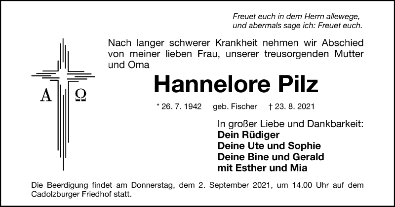  Traueranzeige für Hannelore Pilz vom 28.08.2021 aus Fürther Nachrichten Lokal
