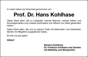 Traueranzeige von Hans Kohlhase von Gesamtausgabe Nürnberger Nachrichten/ Nürnberger Ztg.