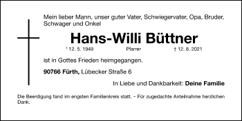 Traueranzeige von Hans-Willi Büttner von Gesamtausgabe Nürnberger Nachrichten/ Nürnberger Ztg.