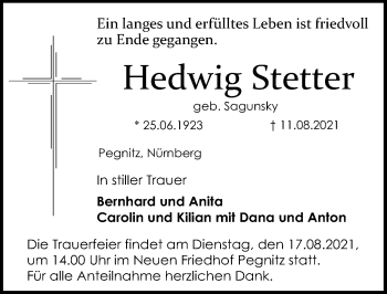 Traueranzeige von Hedwig
 Stetter von Nordbayerische Nachrichten Pegnitz Lokal