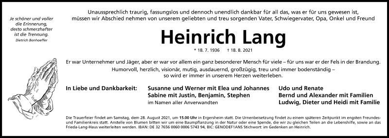  Traueranzeige für Heinrich Lang vom 21.08.2021 aus Windsheimer Zeitung Lokal