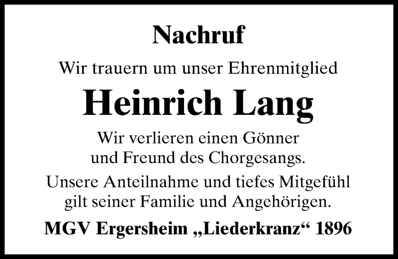  Traueranzeige für Heinrich Lang vom 21.08.2021 aus Windsheimer Zeitung Lokal