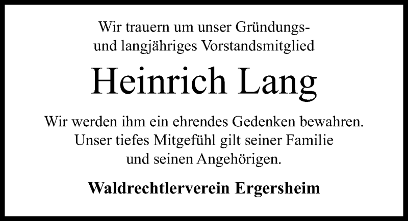  Traueranzeige für Heinrich Lang vom 24.08.2021 aus Windsheimer Zeitung Lokal