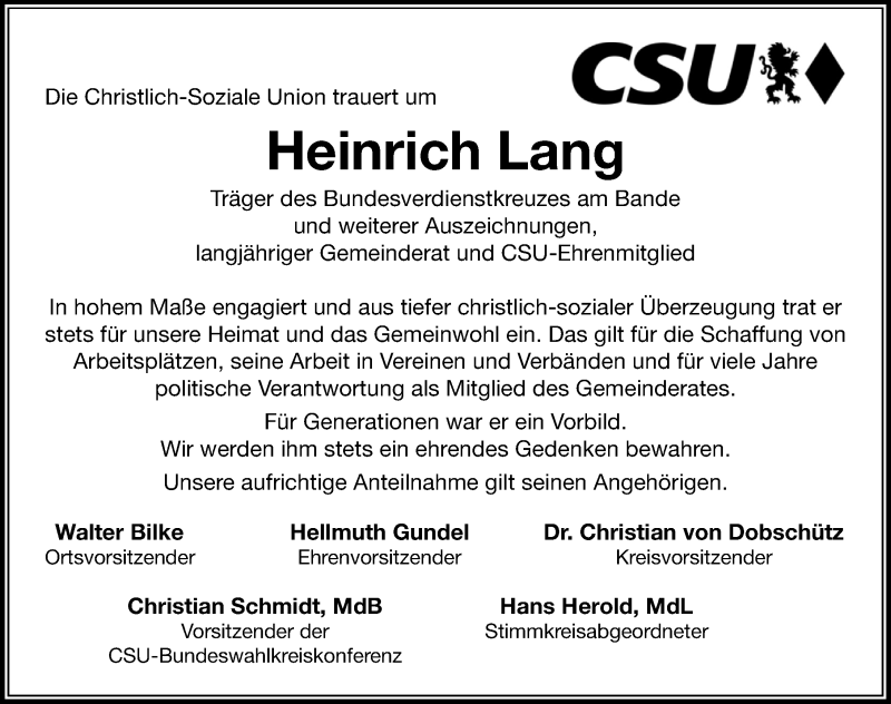  Traueranzeige für Heinrich Lang vom 28.08.2021 aus Windsheimer Zeitung Lokal