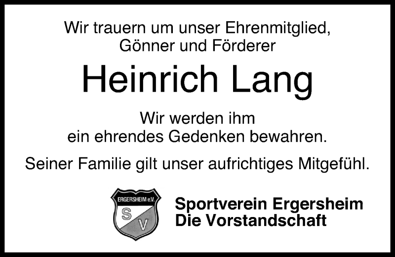  Traueranzeige für Heinrich Lang vom 21.08.2021 aus Windsheimer Zeitung Lokal