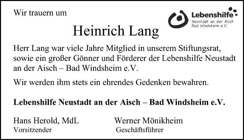  Traueranzeige für Heinrich Lang vom 27.08.2021 aus Windsheimer Zeitung Lokal