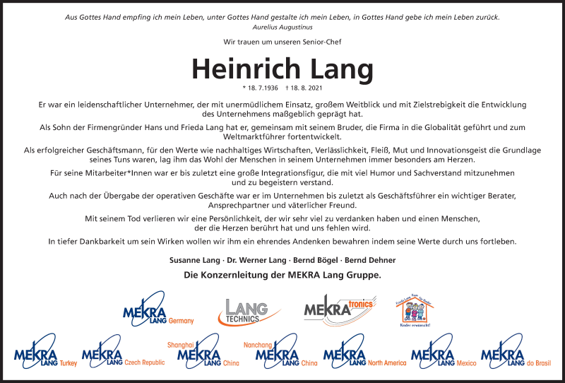  Traueranzeige für Heinrich Lang vom 21.08.2021 aus Fürther Nachrichten Lokal