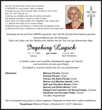 Traueranzeige von Ingeborg Lugsch von Windsheimer Zeitung Lokal