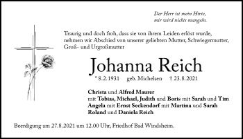 Traueranzeige von Johanna Reich von Windsheimer Zeitung Lokal