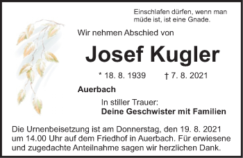 Traueranzeige von Josef Kugler von Nordbayerische Nachrichten Pegnitz Lokal