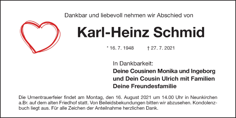  Traueranzeige für Karl-Heinz Schmid vom 09.08.2021 aus Erlanger Nachrichten Lokal