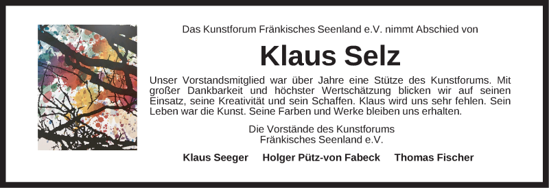  Traueranzeige für Klaus Selz vom 02.08.2021 aus Altmühl-Bote Lokal