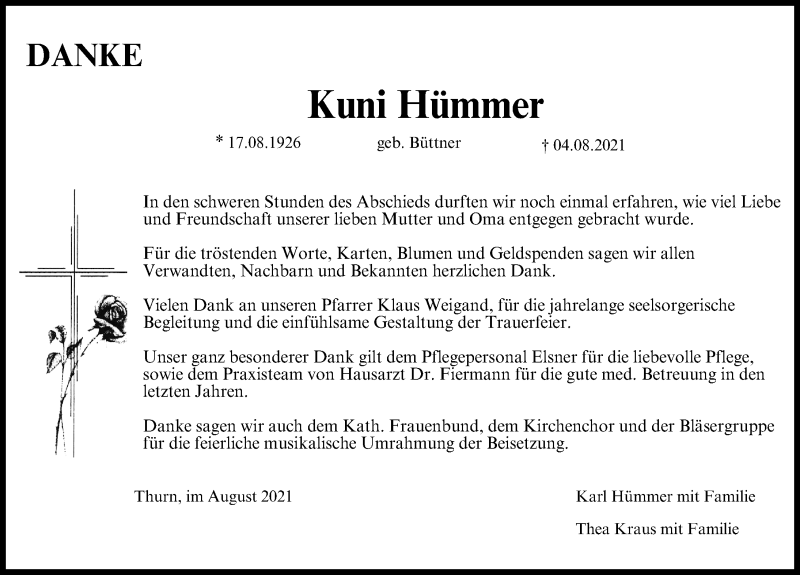  Traueranzeige für Kuni Hümmer vom 28.08.2021 aus Nordbayerische Nachrichten Forchheim Lokal
