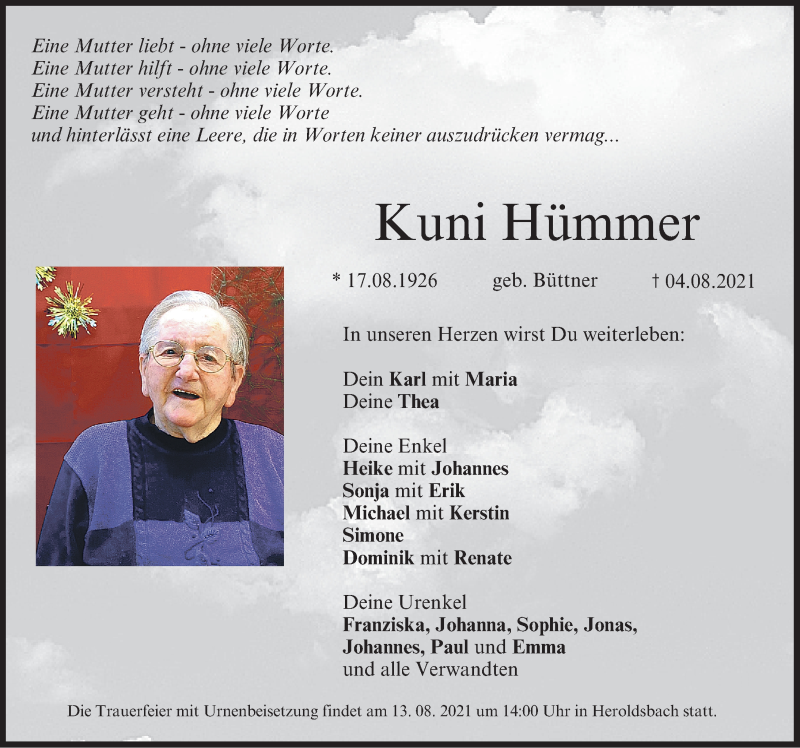  Traueranzeige für Kuni Hümmer vom 11.08.2021 aus Nordbayerische Nachrichten Forchheim Lokal