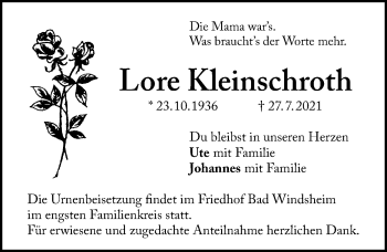 Traueranzeige von Lore Kleinschroth von Windsheimer Zeitung Lokal