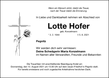 Traueranzeige von Lotte Hofer von Nordbayerische Nachrichten Pegnitz Lokal