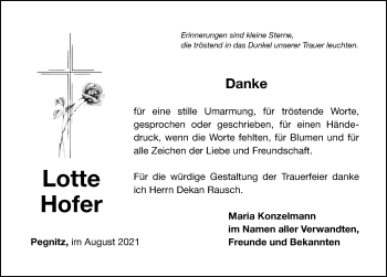 Traueranzeige von Lotte Hofer von Nordbayerische Nachrichten Pegnitz Lokal