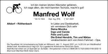 Traueranzeige von Manfred Wolf von Gesamtausgabe Nürnberger Nachrichten/ Nürnberger Ztg.