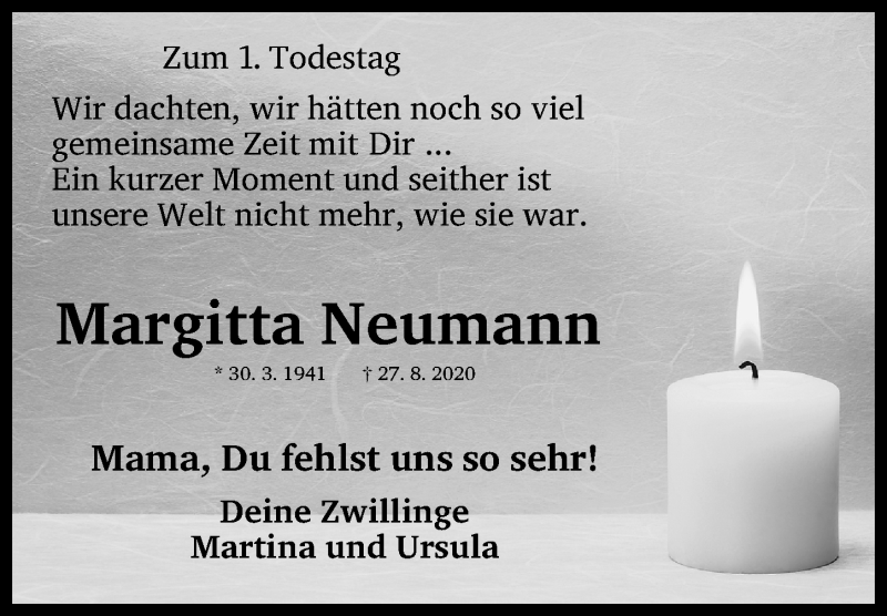  Traueranzeige für Margitta Neumann vom 27.08.2021 aus Gesamtausgabe Nürnberger Nachrichten/ Nürnberger Ztg.